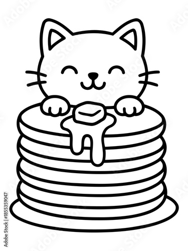 Pancake Paradise: An illustration of a cute cat atop a stack of pancakes, complete with melting butter, embodying the comfort of a delightful breakfast.