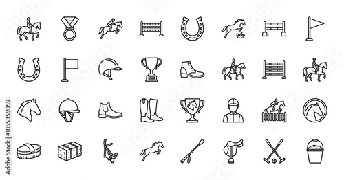 Equestrian sports line icon set. Vector pictograms of horse racing, jumping hurdles, saddle, helmet, boots, trophy, horseshoe, and jockey, thin outline illustration.