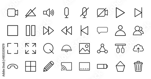 Multimedia and interface line icon set. Vector pictograms of camera, microphone, play, pause, record, volume, chat, profile, search, and battery, thin outline illustration.