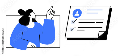 Woman gesturing towards a document with checkboxes, profile avatar, and text. Ideal for productivity, planning, organization, leadership, goal setting teamwork education. Simple flat metaphor