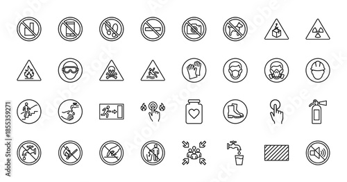 Industrial safety and health line icon set. Vector pictograms of caution signs, protective gear, fire extinguisher, skull, mask, helmet, and hazard warnings, thin outline illustration.