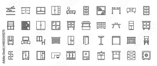 Furniture and interior storage line icon set. Vector pictograms of wardrobe, cabinet, bookshelf, dresser, desk, locker, safe, shelf, and chair, thin outline illustration.