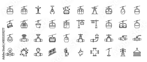 Industrial and transportation line icon set. Vector pictograms of cable car, gondola, ski lift, pipeline valve, pressure gauge, and power tower, thin outline illustration.