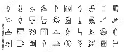 Public facility navigation line icon set. Vector pictograms of restroom, elevator, stairs, recycling, locker, extinguisher, exit, and smoking area, thin outline illustration.