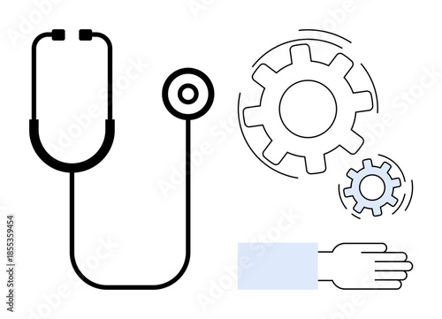 Healthcare innovation, medical diagnostics, process improvement, technology integration, teamwork, efficiency. Stethoscope with interconnected gears and hand. Healthcare technology and process