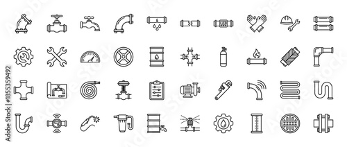 Plumbing and piping line icon set. Vector pictograms of valves, faucets, pipes, wrenches, pumps, gauges, and welding equipment, thin outline illustration.
