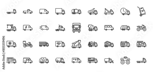 Logistics and transport line icon set. Vector pictograms of truck, van, motorcycle, forklift, cement mixer, ambulance, fire engine, and crane, thin outline illustration.
