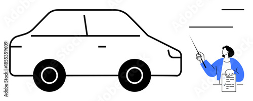 Car outline with a person holding a checklist, pointing at lines for instructions. Ideal for driving lessons, vehicle teaching, training, road safety, education, tutorials, simple flat metaphor