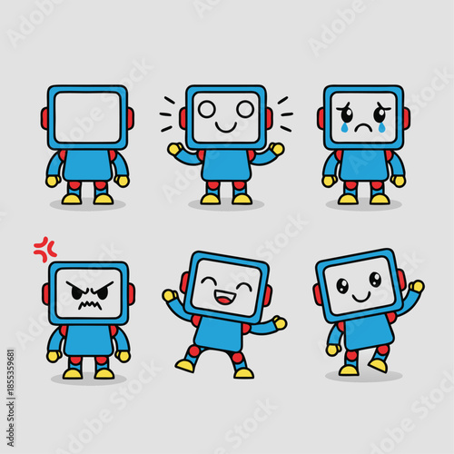 Cute robot character with various emotions and expressions.