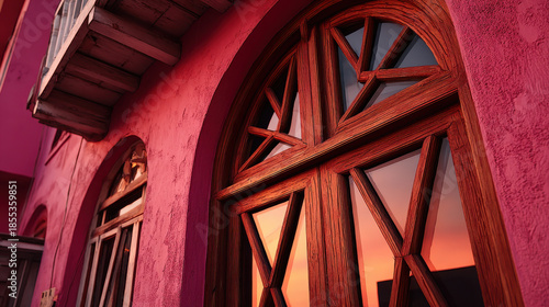 Stunning view of vibrant pink wall featuring intricate wooden windows reflecting warm hues of sunset. scene captures beauty of architecture during