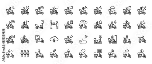 Logistics and food delivery service line icon set. Vector pictograms of motorbikes, couriers, tracking, packages, and electric scooters, black thin outline illustration.