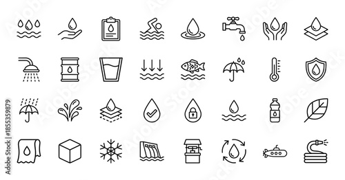 Water and liquid resources line icon set. Vector pictograms of tap, droplet, shower, bottle, fish, umbrella, hose, well, snowflake, and ice cube, thin outline illustration.