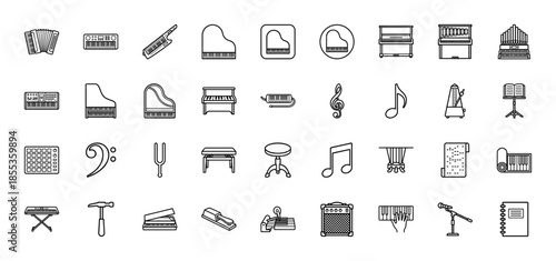 Musical keyboard and piano line icon set. Vector pictograms of grand piano, synthesizer, accordion, organ, metronome, bench, and sheet music, thin outline illustration.