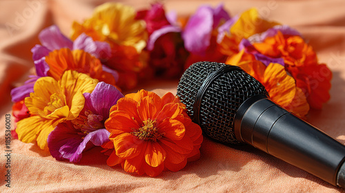 Vibrant sangeet night features microphone surrounded by colorful flowers, creating festive atmosphere for celebration