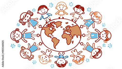 A vector illustration of children of different nationalities holding hands around planet Earth. Conceptual ideas for friendship, peace, unity, global community, childhood, and international advocacy.