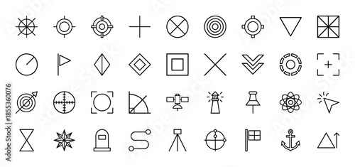 Navigation and location line icon set. Vector pictograms of map pins, flags, targets, compass, satellite, lighthouse, anchor, path, and aim, thin outline illustration.
