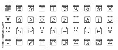 Calendar line icon set. Vector pictograms of schedule, gift, star, search, clock, settings, location, plane, cloud, home, and briefcase, thin outline illustration.
