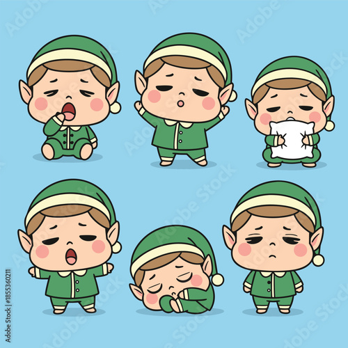 Cute sleepy Christmas elf characters in various tired poses.