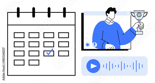 Calendar with marked task, video call with person holding trophy, and audio controls. Ideal for productivity apps, remote work, planning, scheduling, online meetings, team collaboration goal setting