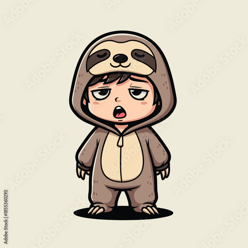 Cute sleepy child in sloth costume.