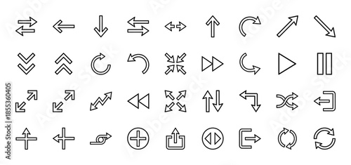 Directional and navigation line icon set featuring vector pictograms of arrows, playback controls, shuffle, refresh, upload, and exit symbols in thin outline style.