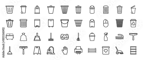 Cleaning and waste management line icon set. Vector pictograms of trash cans, recycle bins, dumpster, broom, mop, vacuum, sponge, and bucket, thin outline illustration.