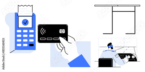 Digital transactions, security systems, contactless payments, technology, financial services, monitoring. Image shows a payment terminal, card and security surveillance officer. Digital payments