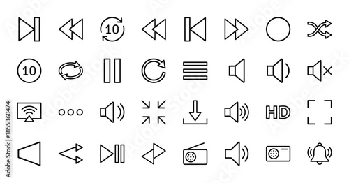 Multimedia and video player line icon set. Vector pictograms of play, pause, stop, volume, fast forward, rewind, shuffle, repeat, and download, thin outline illustration.
