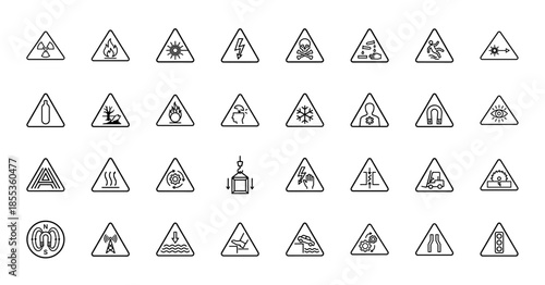 Industrial safety warning icon set. Vector pictograms of radiation, flammable, electricity, biohazard, toxic, laser, high voltage, and forklift, thin line illustration.