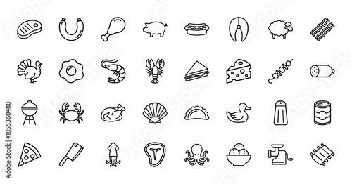 Meat and seafood line icon set. Vector pictograms of steak, sausage, chicken, pig, salmon, shrimp, lobster, turkey, crab, and octopus, thin outline illustration.