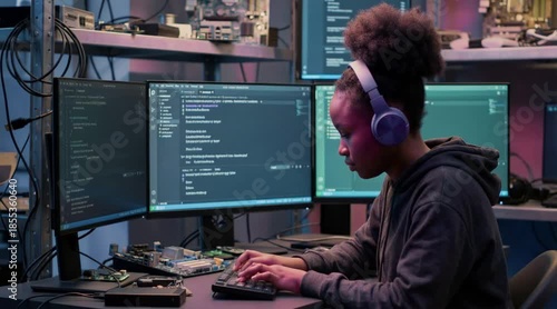 A woman coding intently on a computer with multiple screens in a tech setting