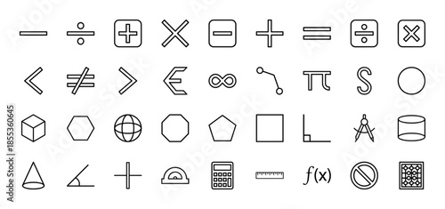 Mathematics line icon set. Vector pictograms of calculator, ruler, protractor, compass, pi, infinity, cube, cylinder, cone, and algebraic symbols, thin outline illustration.