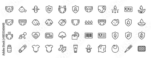 Baby care and diapering line icon set. Vector pictograms of nappies, pacifier, onesie, cotton, cream, wipes, bib, thermometer, socks, and pins, thin outline illustration.