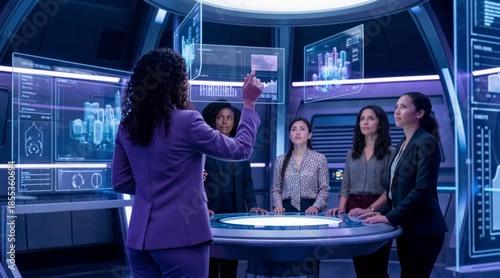 A group of female professionals in a futuristic control room, collaborating with interactive displays