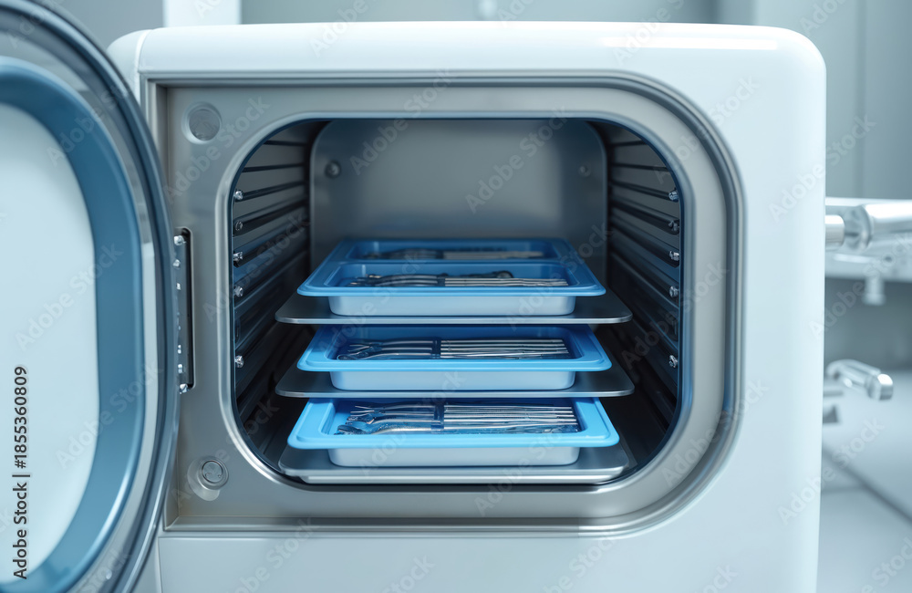 Obraz premium Modern autoclave chamber holds blue trays with dental instruments. Sterilization equipment sterilizes medical tools for hygiene. Cleanliness in clinic preparation for surgery.