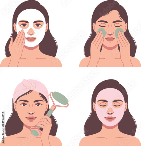Illustration of a woman performing various facial health and skincare routines with face masks and tools on a clean white background.