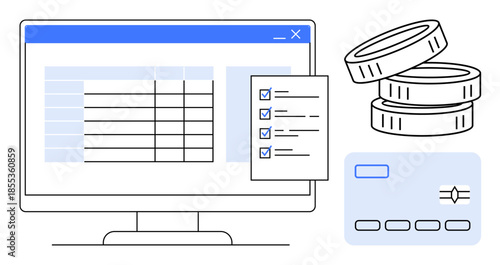 Financial services, data analysis, budgeting, ecommerce, payment systems, online banking. Computer screen showing a table, checklist coins and credit card. Financial services and budgeting concept