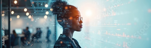 Black woman analyzes digital data charts on futuristic screen. She thinks about business growth and future tech in modern office. People work in background.
