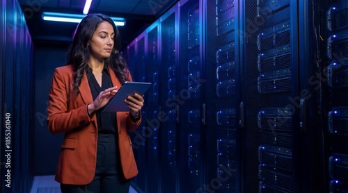 Data center worker managing server racks with a tablet