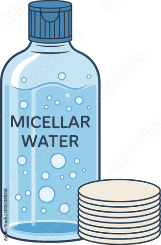 Illustration of a micellar water bottle with cotton pads on a clean white background, conveying a health and skincare theme.