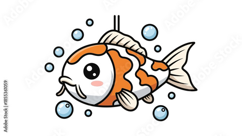 Cute cartoon koi fish icon with playful bubbles, a charming illustration of an orange and white aquatic pet swimming serenely in clear water, perfect for children's designs and Japanese culture themes