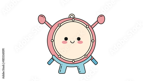 Charming cartoon drum character with a friendly smile and drumsticks, rendered in a delightful, playful style, ideal for children's music education and creative projects