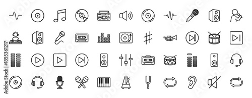 Music and audio line icon set. Vector pictograms of microphone, headphones, speaker, turntable, cassette, drum, piano, and equalizer, thin outline illustration.