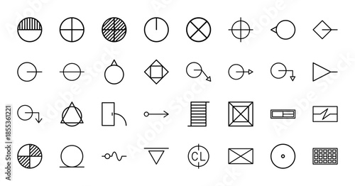 Architecture and engineering line icon set. Vector pictograms of floor plan symbols, north arrow, door, stairs, cross section, and elevation marks, outline illustration.