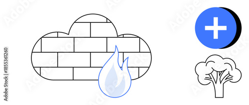 Cloud firewall. Cloud firewall with flame, plus sign, and tree digital security, network protection, and environmental awareness. Cloud firewall idea for cybersecurity, nature preservation