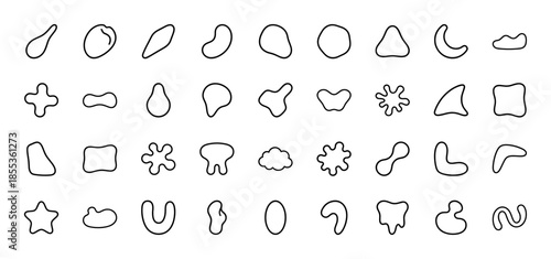 Organic abstract shapes line icon set. Vector pictograms of blobs, fluids, amoebas, curves, liquid forms, pebbles, irregular rounded elements. Thin outline illustration.