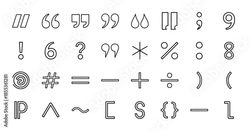 Punctuation and mathematical typography icon set featuring vector pictograms of quotation marks, brackets, symbols, and operators in a thin outline illustration style.