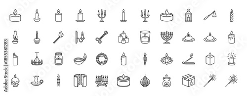 Candle line icon set. Vector pictograms of tealight, candelabra, lantern, snuffer, lighter, jar, match, sparkler, and incense, thin outline illustration.
