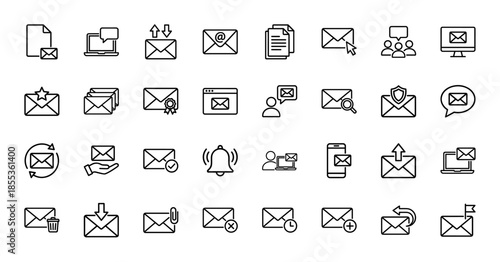Email and communication line icon set. Vector pictograms of envelopes, messages, newsletters, attachments, notifications, and inbox management, thin outline illustration.