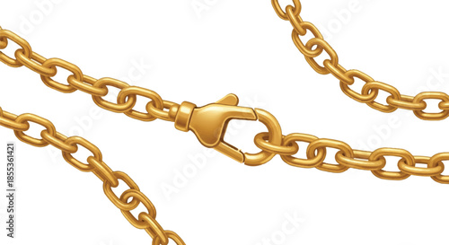 Luxurious realistic golden chains with an intricate clasp connecting the links, presented as a clean 2D vector illustration isolated on a pristine white background.